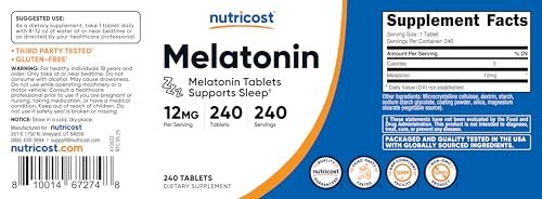 Nutricost Melatonin 12mg, 240 Tabletten – 12mg pro Portion, Nicht-GMO, Glutenfrei