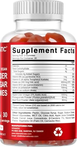 Vitamatic Apfelessig Gummis – 1000 mg pro Portion – 60 vegane Gummis – ACV Gummis für Entgiftung, Gewichtsverlust, Energie, Verdauung & Darmgesundheit