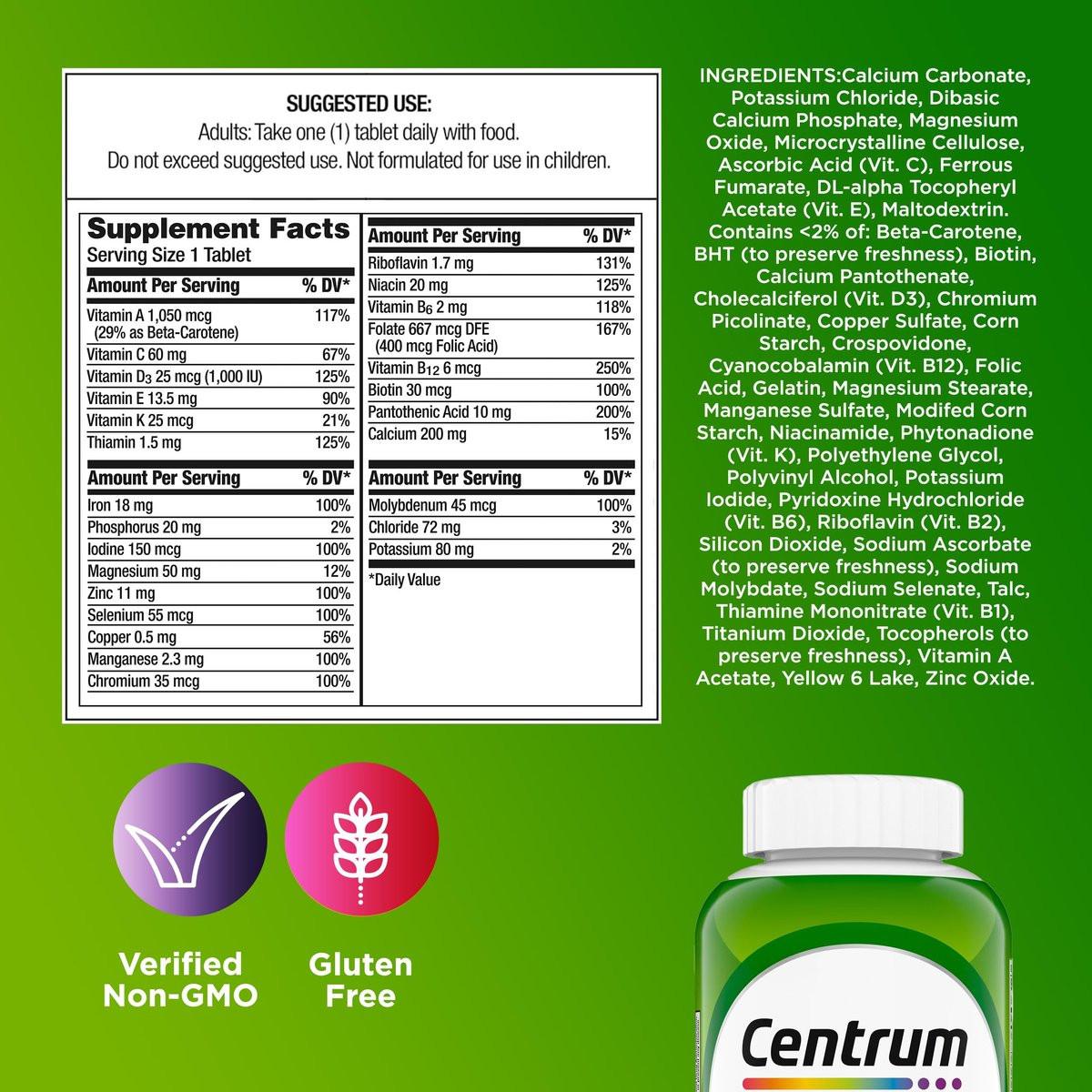 Centrum Adult Multivitamin/Multimineral Ergänzung mit Antioxidantien, Zink, Vitamin D3 und B-Vitaminen, glutenfrei, ohne Gentechnik - 200 Tabletten