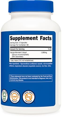Nutricost Bacopa Monnieri 1.000 mg, 120 Kapseln (60 Portionen) - Non-GMO, Glutenfrei, Vegetarierfreundlich