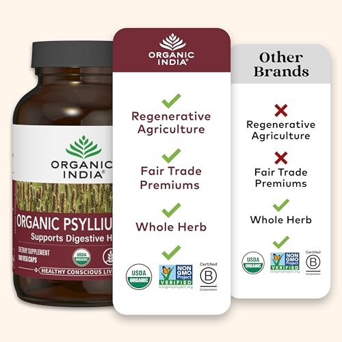 ORGANIC INDIA Psyllium Husk Kapseln – Ballaststoff Ergänzung, Gesunde Verdauung – Vegan, Keto geeignet, Glutenfrei, USDA Bio, Nicht-GVO, Lösliche & Unlösliche Ballaststoffe – 180 Kapseln