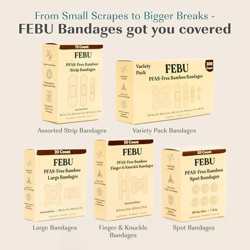 FEBU Ökologische Große Bambus-Bandagen | PFAS-freie Pflaster für Schürfwunden & Schnitte | Flexibler Stoffverband | Vollständig kompostierbar, Latexfrei | 20 Stück Groß