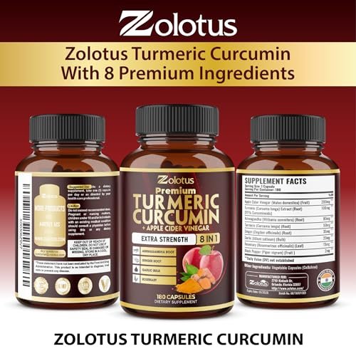 7-in-1 Kurkuma Curcumin + Apfelessig Kapseln, 6 Monate Vorrat mit Ashwagandha, Ingwer, Knoblauch, 180 Kapseln