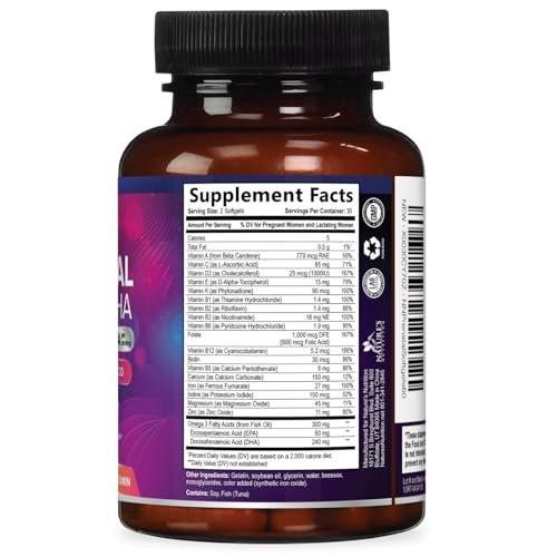 Schwangerschaftsvitamine für Frauen mit Folsäure + Omega 3 DHA für die fetale Gehirnentwicklung, bestes pränatales Vitaminpräparat, tägliche Schwangerschafts-Multivitamin-Nährstoffunterstützung, Nicht-GVO - 60 Softgels