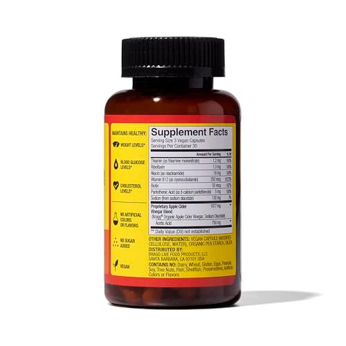 Bragg Apfelessig Kapseln mit Vitamin B12 – 90 Kapseln – Gewichtsmanagement – Non-GMO, Vegan, Glutenfrei, Ohne Zucker – Unterstützt die Energieproduktion auf zellulärer Ebene für Männer und Frauen