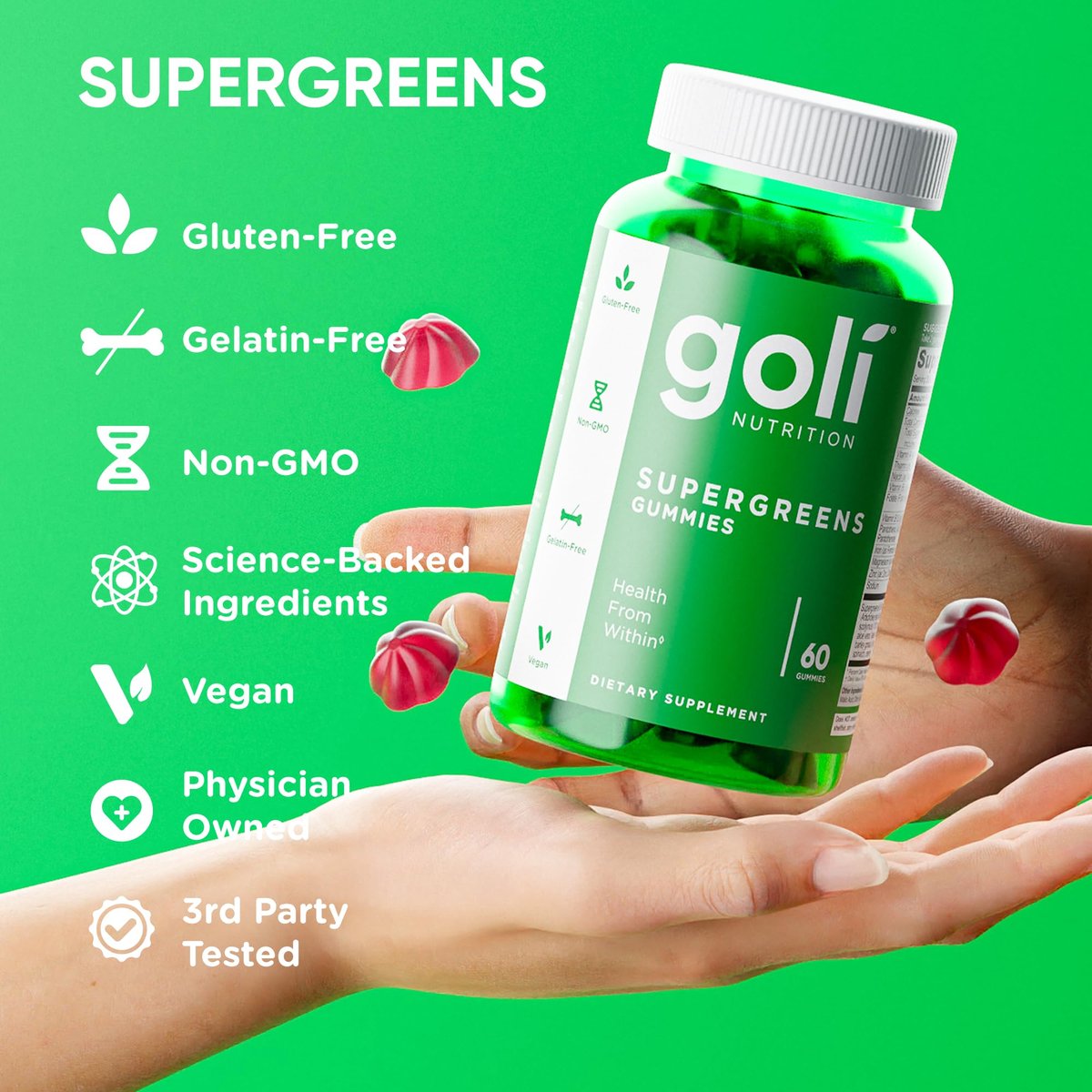 Goli Supergreens Gummies mit Probiotika – Artischockenextrakt, Spirulina, Grünkohl, Vitamine A, B6, B12 – Vegan, glutenfrei, ohne Gentechnik