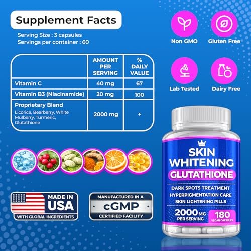 Glutathione Whitening Pills - 180 Kapseln 2000mg Glutathion - Wirksame Hautaufhellung - Dunkle Flecken, Melasma & Aknenarben Entferner, Hyperpigmentierung Behandlung - Anti-Aging Antioxidans