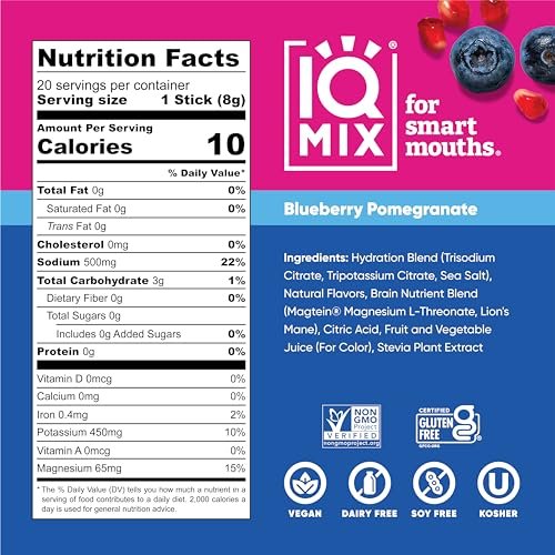 IQMIX Hydration Electrolyte Powder – 4-in-1 Formel für Hydration, geistige Klarheit, Stimmung und Erholung – Zuckerfreies Getränkepulver, Keto, Magnesium-L-Threonat, Löwenmähne – 20 Portionen Blaubeere Granatapfel