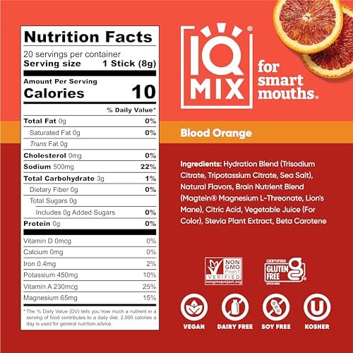IQMIX Hydration Elektrolyt-Pulver – 4-in-1 Formel für Hydration, geistige Klarheit, Stimmung und Erholung – Zuckerfreies Getränk, Keto, Magnesium-L-Threonat, Löwenmähne – 20 Portionen Blutorange