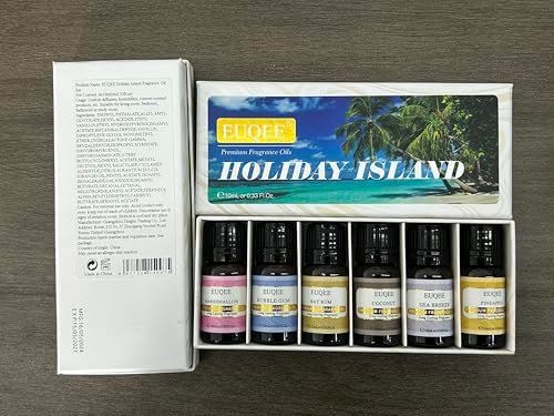 EUQEE Sommer Duftöl Geschenkset mit 6 Aromen, Urlaubsinsel Ätherische Öle Set für Luftbefeuchter, Aromatherapie – Ananas, Kokosnuss, Meeresbrise, Kaugummi, Bay Rum, Marshmallow (10 ml)