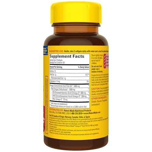 Nature Made Extra Strength Burp Less Fischöl Omega 3 Kapseln 1400 mg Minis, Omega 3 Fischöl als Ethylester für Herz, Gehirn & Augen, 60 Softgels, 30 Tage Vorrat