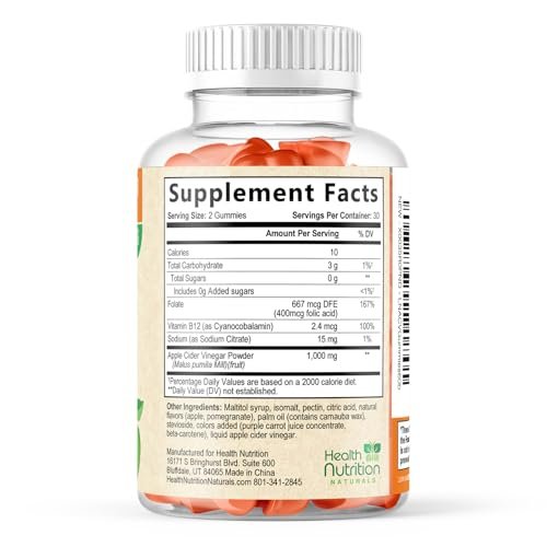 Apfelessig Gummibärchen Null Zucker - Max Stärke ACV Gummivitamine - Vitamin B12 & Die Mutter - Stoffwechsel & Energie Unterstützung - Vegane Apfelessig Gummibärchen - Non-GMO - 60 Gummibärchen