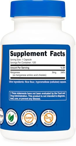 Nutricost Chelat-Mangan-Ergänzung 8 mg, Aminosäure-Chelat, 120 Kapseln, 120 Portionen - Glutenfrei, Nicht-GVO und Vegetarierfreundlich