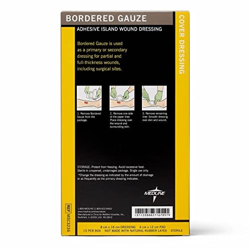 Medline Sterile Bordered Gauze 3" x 6" mit 1,5" x 4" Pad (15er-Pack) - Sterile Wundauflage mit PU-Folie