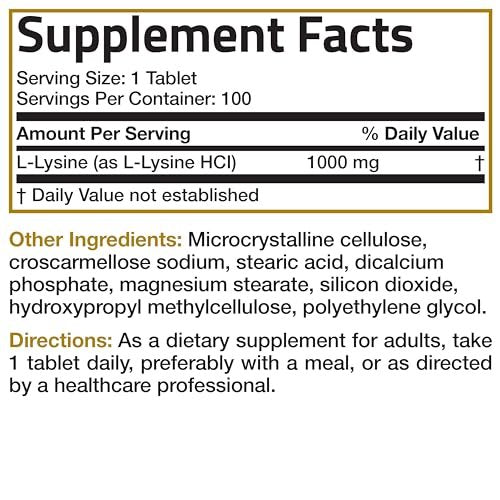 Bronson L-Lysin Extra Stark 1000 MG pro Tablette Hochdosiert, Immununterstützung & Unterstützt Kollagensynthese, Non-GMO, 100 Vegetarische Tabletten