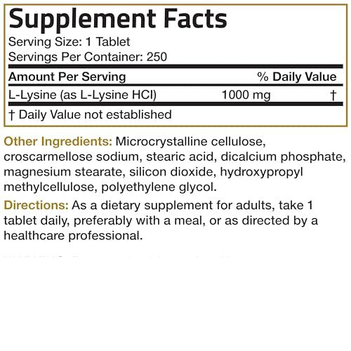 Bronson L-Lysin Extra Stärke 1000 mg pro Tablette, Hochdosiert, Immununterstützung & Unterstützt Kollagensynthese, Non-GMO, 250 Vegetarische Tabletten