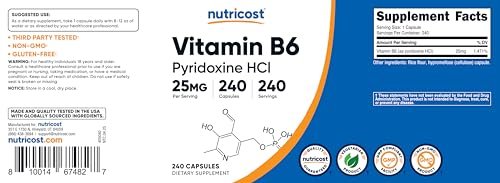 Nutricost Vitamin B6 (Pyridoxin-HCl) 25mg, 240 Kapseln – Non-GMO, glutenfrei und vegetarisch