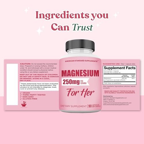 Magnesium Glycinat für Frauen 250 mg pro Kapsel, cheliertes Magnesiumglycinat, 90 Kapseln, 90 Tage Vorrat