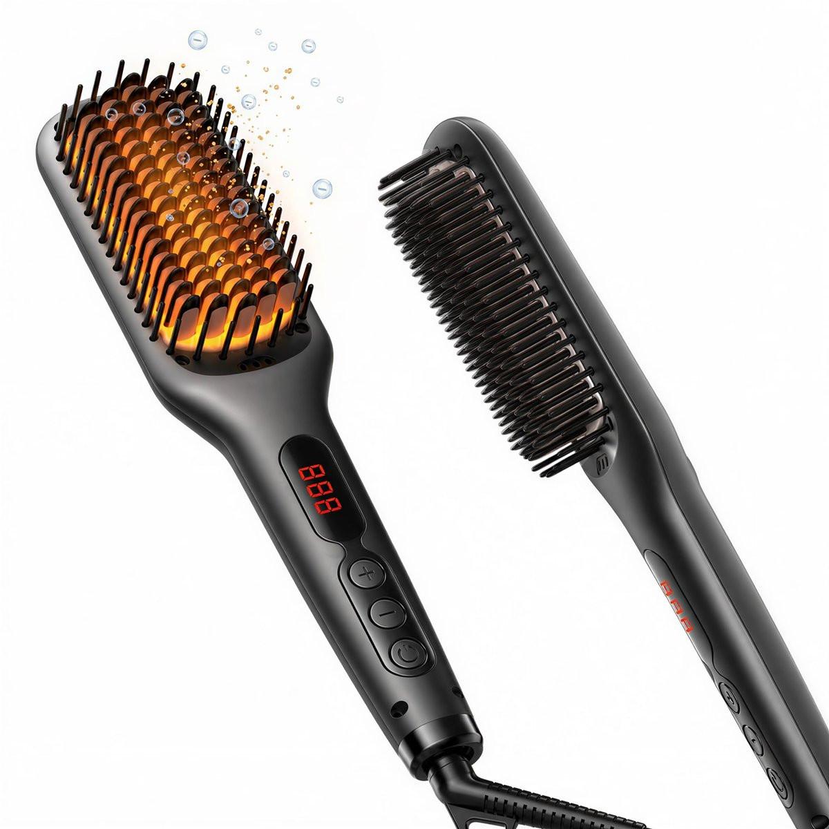 MEGAWISE Professionelle Keramik-Ionen-Haarglätterbürste für Zuhause und Salon - Haarglättungsbürste mit 20s Aufheiztechnik, Auto-Off, Anti-Scald, Universal-Doppelspannung, Drehbares Kabel, Schwarz