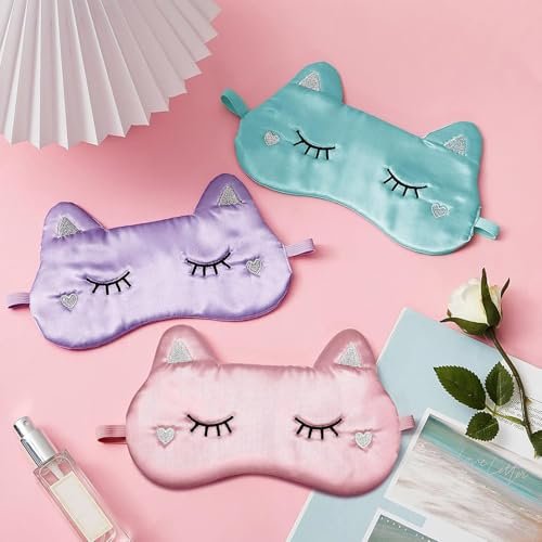 Haysandy 3er-Set Schlafmaske für Kinder, Mädchen – Katzenform, weiche Seiden-Augenmaske, niedliches Tier-Design, für Reisen und Zuhause (Einfaches Design)