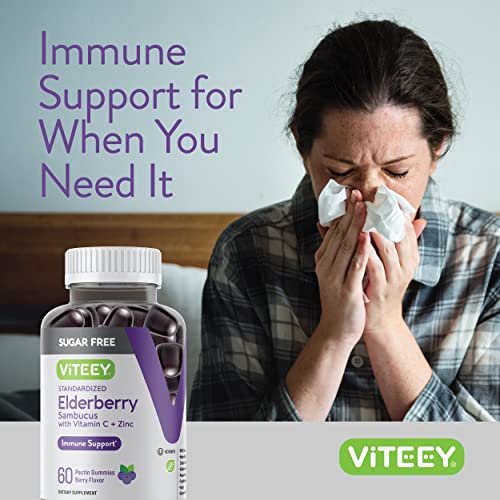 VITEEY Sambucus Holunderbeeren Gummibärchen für Erwachsene & Jugendliche + Zink & Vitamin C - Zuckerfrei - Immununterstützung & Booster Kräuterergänzung - Vegan, Glutenfrei, Gelatinefrei, GVO-frei, Kaubar mit Beerengeschmack