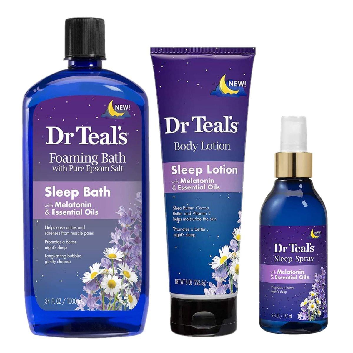 Dr Teal's Melatonin Schlafbad Geschenkset – Schaumbad (1 Liter), Körperlotion (240 ml) & Schlafspray (180 ml) – Lavendel & Melatonin für besseren Schlaf – Entspannendes Spa-Set für Zuhause
