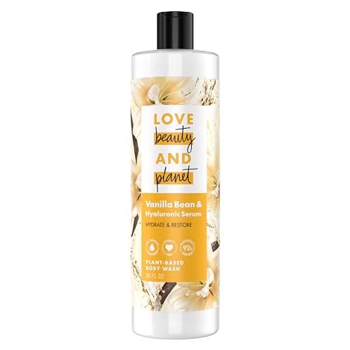 Love Beauty and Planet Pflanzenbasierter Duschschaum Hydrate & Restore Vanillebohne & Hyaluronserum, ohne Sulfat-Reiniger, tierversuchsfrei, 92 % natürlichen Ursprungs, 590 ml