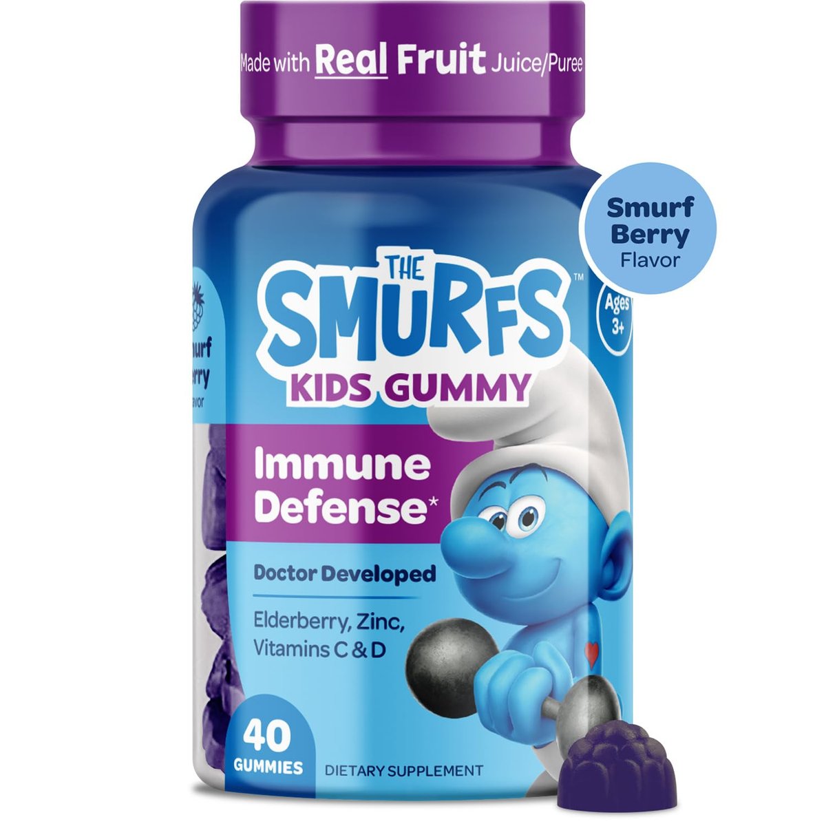 Smurfs Kids Immune Support Gummis | Schwarzer Holunder, Vitamin C und Zink für Kinderimmunität | Hergestellt mit echten Früchten | Von Ärzten entwickelt | Nicht-GMO & ohne künstliche Aromen oder Farben | 40 Gummis