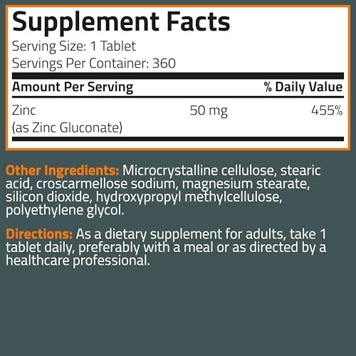 Bronson Zink 50 mg Hochdosiert – Unterstützt Immunsystem, Antioxidantien & Hautgesundheit – Non-GMO, 360 Vegetarische Tabletten
