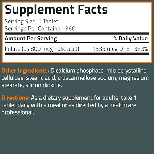 Bronson Folsäure 800 MCG – Unterstützt die pränatale Entwicklung, Nicht-GVO, 360 Tabletten