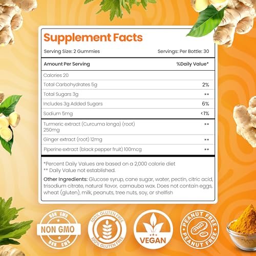 BeElevated Curcumin Kurkuma Gummibärchen – Kurkuma Extrakt und Ingwer Ergänzung – Vegan, Non-GMO, mit Schwarzem Pfeffer – 60 Stück – Pfirsichgeschmack – 30-Tage-Vorrat