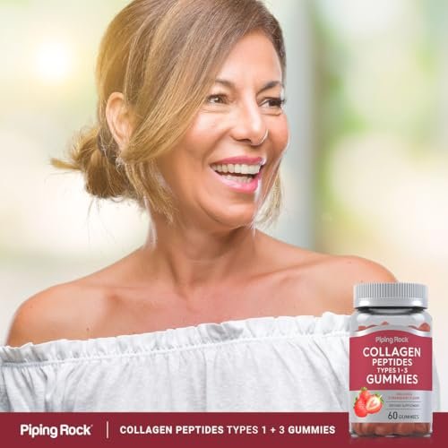 Piping Rock Collagen Gummis | 60 Stück | Kollagenpeptide Typ 1 und 3 | Erdbeergeschmack | Rinderkollagen | Nicht-GVO, Glutenfrei