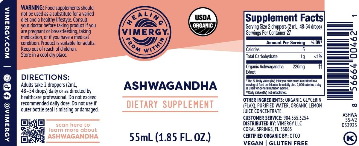Vimergy Bio Ashwagandha Flüssigextrakt – 27 Portionen (2 ml pro Portion) – 220 mg Extrakt pro Portion – Stressadaptogen, Kognitive & Schlafunterstützung – Alkoholfrei, Nicht-GVO (55 ml)