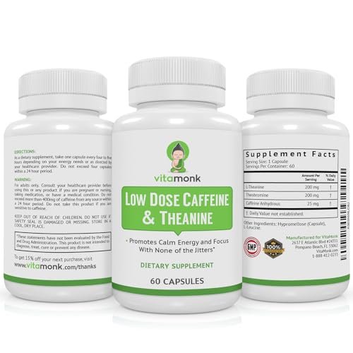 VitaMonk Low Dose Caffeine und Theanine – Mikrodosierung Koffein mit L-Theanin und Theobromin, 25 mg Koffein pro Kapsel, 60 Kapseln