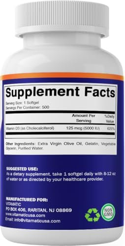 Vitamatic Vitamin D3 5000 IE (125 µg) – 500 Mini-Weichkapseln mit Olivenölbasis – Kaltgepresst – 500-Tage-Vorrat – Unterstützt Knochen-, Muskel- und Immunsystem – Ohne Gentechnik & Glutenfrei