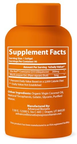 Advanced Bionetix CoQ10 200mg mit Schwarzem Pfeffer Extrakt – 90 Weichkapseln – Antioxidans, Herz-Kreislauf- & Gehirngesundheit, Energieproduktion, Bio, Glutenfrei
