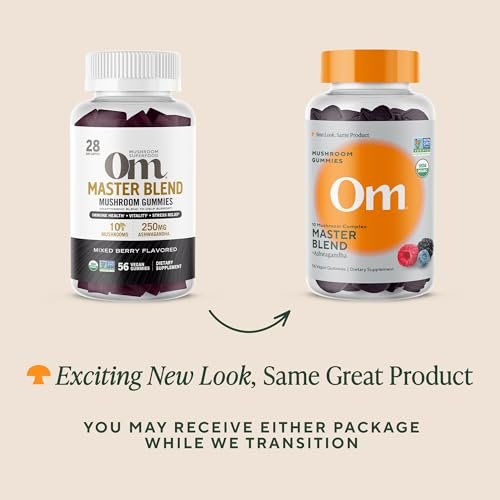 OM MUSHROOM SUPERFOOD Master Blend Pilz-Gummibärchen – Bio-10-Pilzkomplex mit Ashwagandha – Unterstützt Immunsystem, Darmgesundheit & Stressabbau – gemischter Beerengeschmack – 28 Portionen, 56 Stück