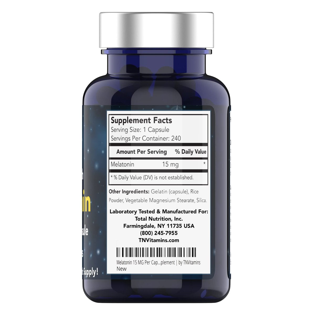 tnvitamins Melatonin 15 mg pro Kapsel (240 Kapseln) | Natürliche Schlafhilfe für Erwachsene | Extra starke Melatonin-Tabletten | Nachtzeit-Schlafmittel | Natürliches Schlafunterstützungs-Supplement