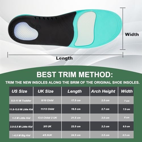 Bacophy Kinder Fußgewölbe Stützeinlagen – Orthotische Einlagen für Plantarfasziitis, Plattfüße, Fersenschmerzen – Premium PU, TPU, Gel – Stoßdämpfung, tiefe Fersenkappe – für Kinderschuhe Größe 5-6.5