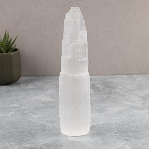 Wish Well Extra Großer Selenit-Turm – 20 cm Selenit-Kristallturm – Aus Marokko abgebaut und handgefertigt – Ideal zum Reinigen und Aufladen von Kristallen und Heilsteinen, Meditation und Wohndekoration