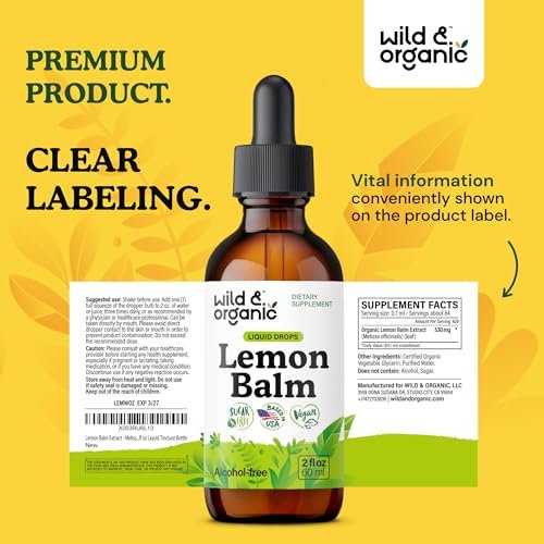 Wild & Organic Zitronenmelisse Tropfen - Unterstützung für Entspannung - Melissa Officinalis Kräutertinktur - Vegan, Zucker- & Alkoholfrei - 60 ml