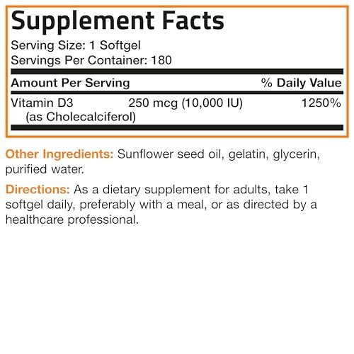 Bronson Vitamin D3 10.000 IE (250 mcg) Hochdosiert – Unterstützt gesundes Immunsystem, starke Knochen, Muskeln & Zähne – Non-GMO, 180 Weichkapseln