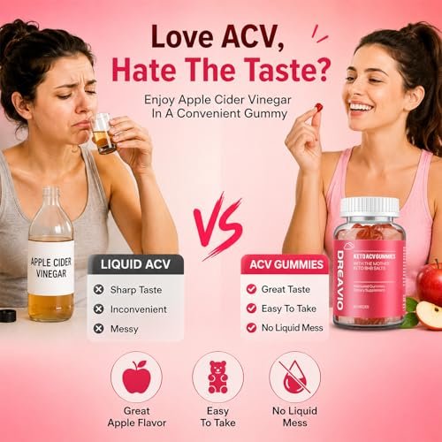 DREAVIO 1000 mg Zuckerfreie Apfelessig Gummis | 120 Stück Keto ACV Gummis zur Gewichtsabnahme, Veganer Apfelessig mit Mother für Erwachsene, Frauen & Männer, 2-Monatsvorrat