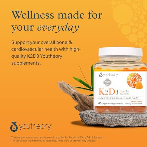 Youtheory K2D3 – Knochen- und Herzgesundheit* – Vitamin D3 & K2 – Laktose-, Soja- & Glutenfrei – Pfirsich, 60 vegane Gummis