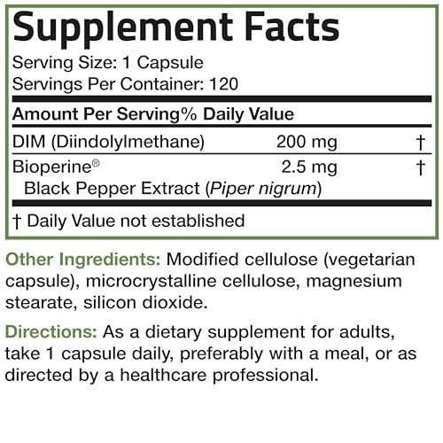 Bronson DIM Supplement 200 mg mit BioPerin für verbesserte Aufnahme, unterstützt den Östrogenstoffwechsel und erhält ausgeglichene Hormonspiegel, 120 vegane Kapseln