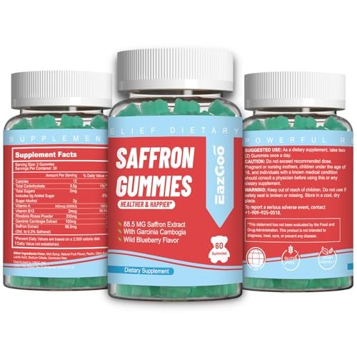 EAZGOO Safran Gummis mit Safranextrakt für positive Stimmung & ruhige Nerven, Energie, mit Garcinia Cambogia, Vitamin A, B12, Rhodiola Rosea – 60 Gummis