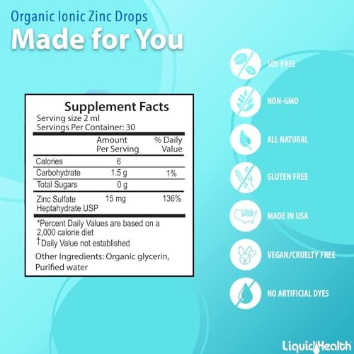 LIQUIDHEALTH USDA Bio-Ionisches Zink Hochdosiert Tropfen - Flüssiges Mineral Ergänzungsmittel für Erwachsene und Kinder - Immun- und Verdauungsunterstützung, Haut- und Wundgesundheit - Hergestellt in USA, Vegan, Nicht-GVO (59 ml)