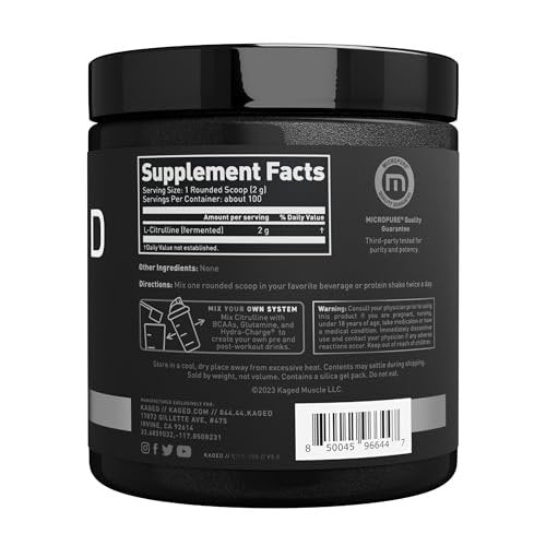 Kaged L-Citrullin Pulver | Ungeschmackt | Verbesserte Pumpen | Steigerung der Muskelvaskularität | Stickstoffmonoxid-Booster | Nahrungsergänzungsmittel für Männer & Frauen | 100 Portionen