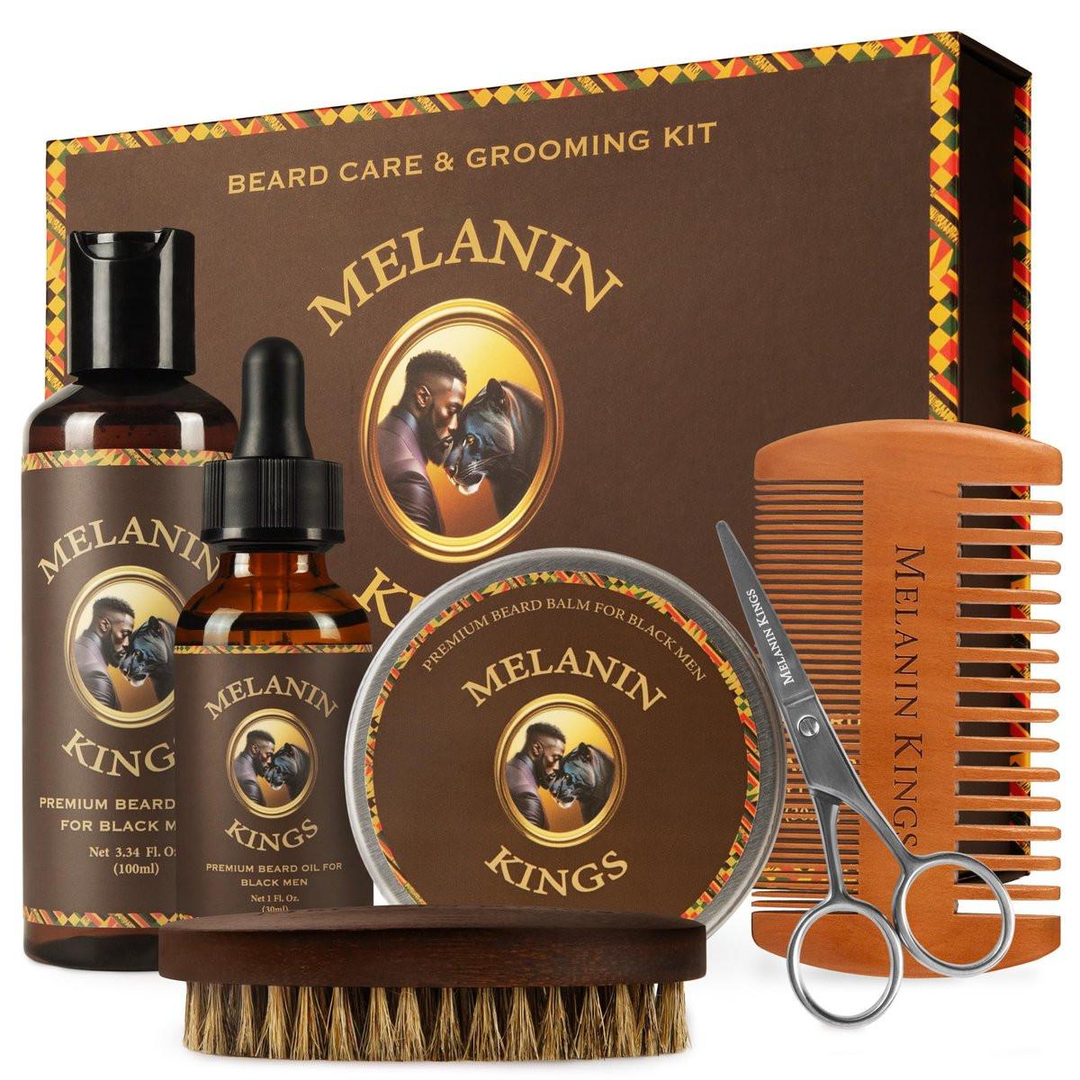 Melanin Kings Bartpflege-Set für Männer – Formeln mit alten afrikanischen Naturinhaltsstoffen | Bartwäsche, Öl, Balsam, Bürste, Kamm, Trimmerschere - görsel 14