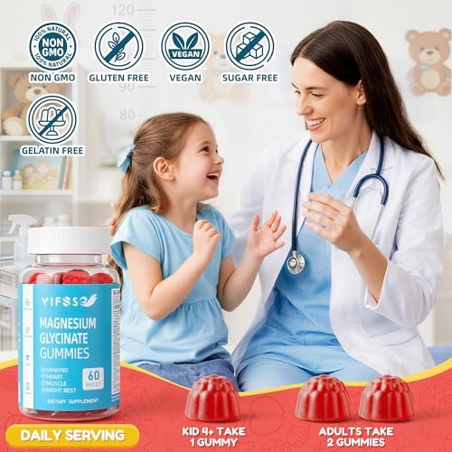 VIFSSG Zuckerfreie Magnesiumglycinat Gummis 400mg für Erwachsene & 200mg für Kinder, Bisglycinat Präparat mit L-Theanin, Kamille, Melisse, Erdbeergeschmack, 2er-Pack (120 Gummis)